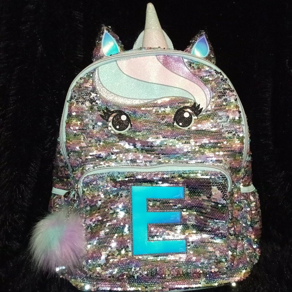 Justice "E" Initial Sequin Unicorn Backpack